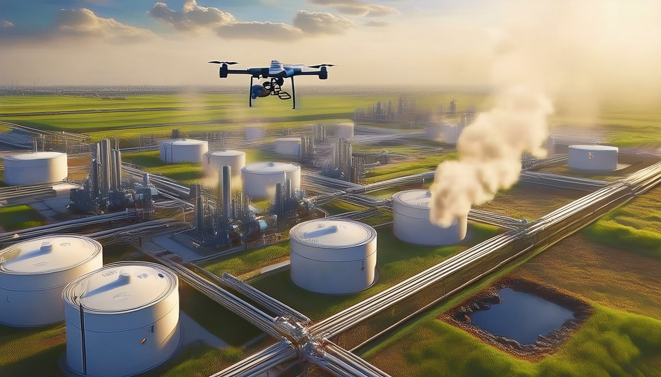 methane emission monitoring, aerial view of chemical plant with a drone hovering, drone shot